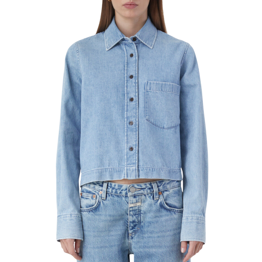 Cropped Denim Shirt in Mid Blue
