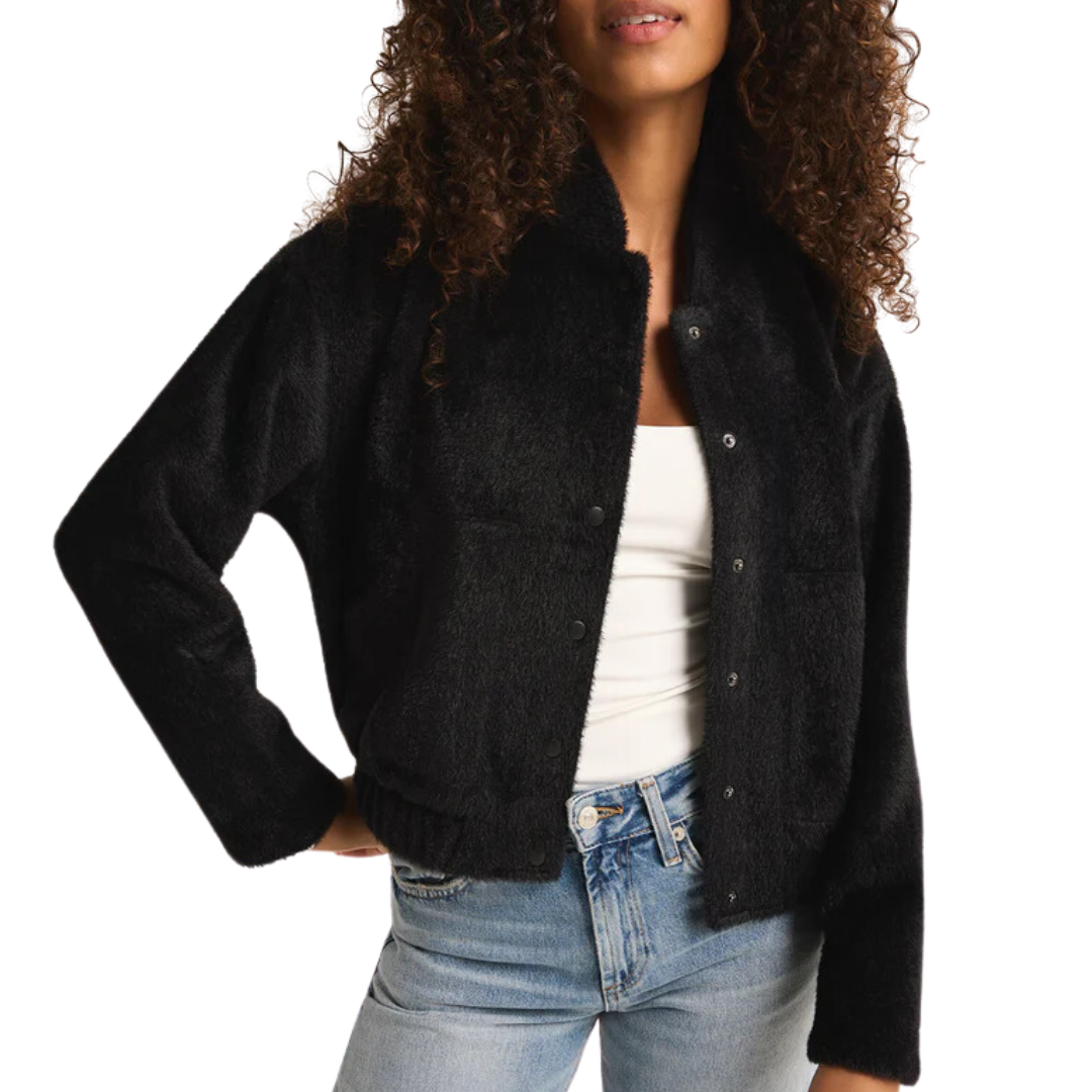 Lex Sweater Knit Bomber Jacket in Black