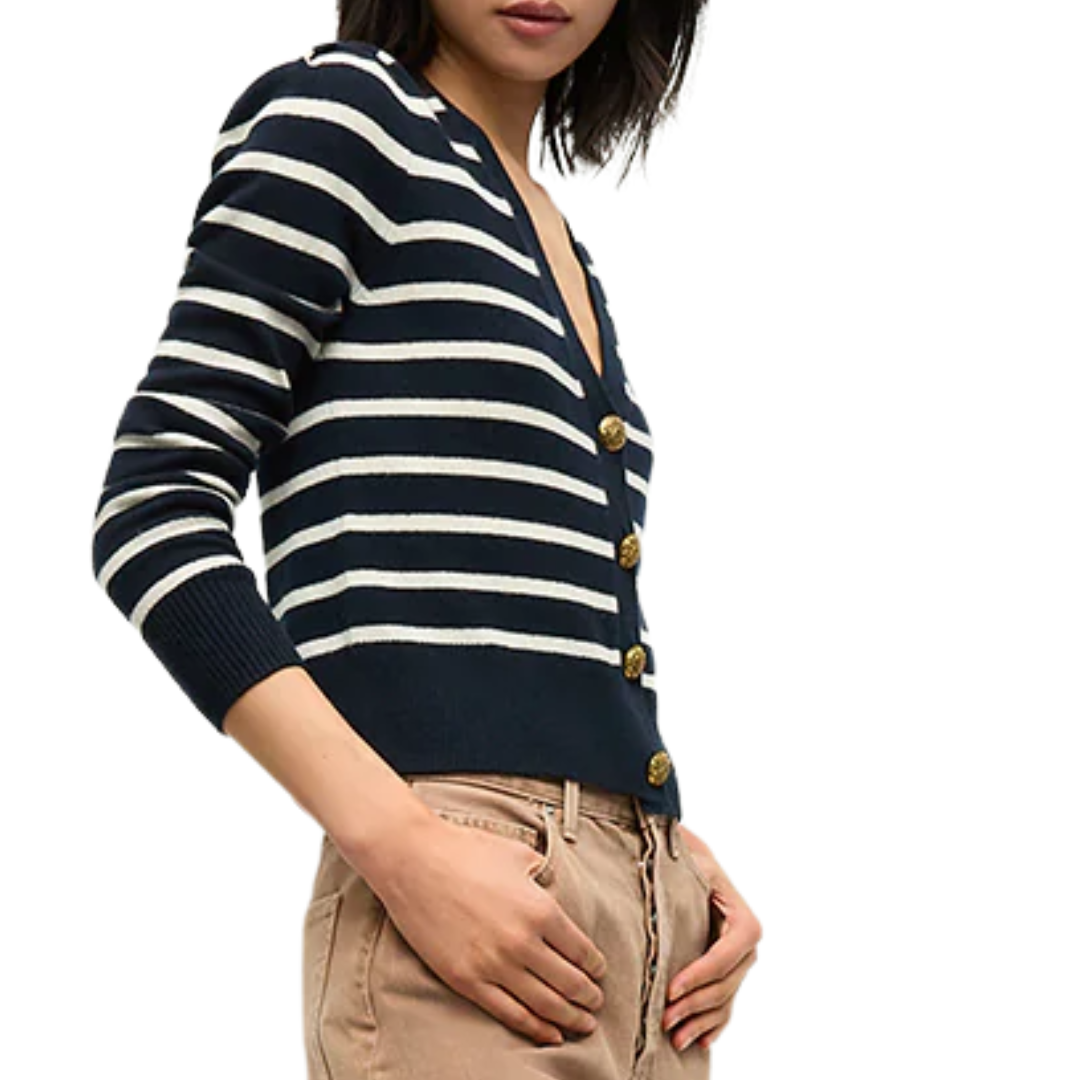 Solene Cashmere Striped Cardigan in Navy/Ivory