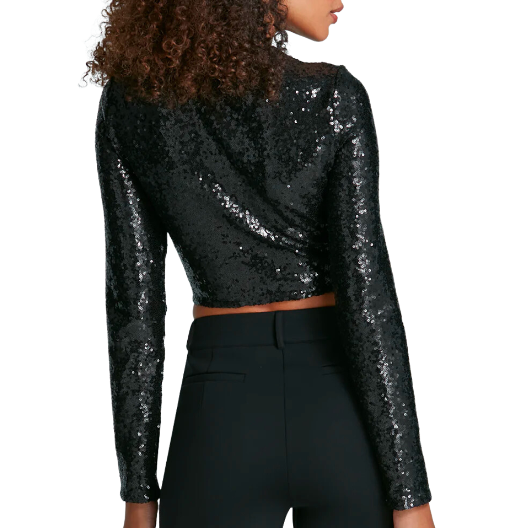 Sequin Long Sleeve Crewneck Crop Top in Black