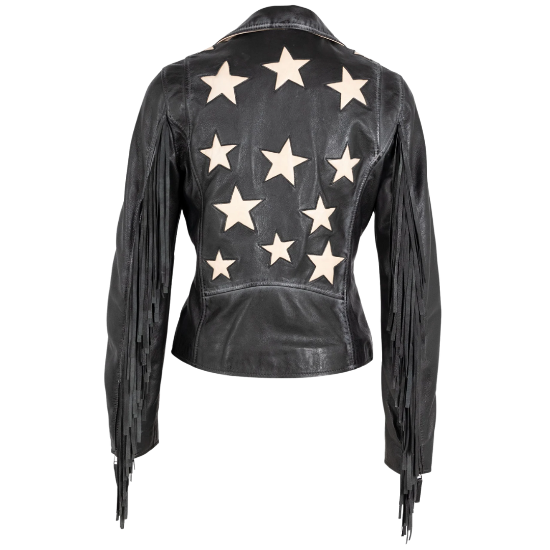 Crissy Star and Fringe Detail Leather Jacket in Black