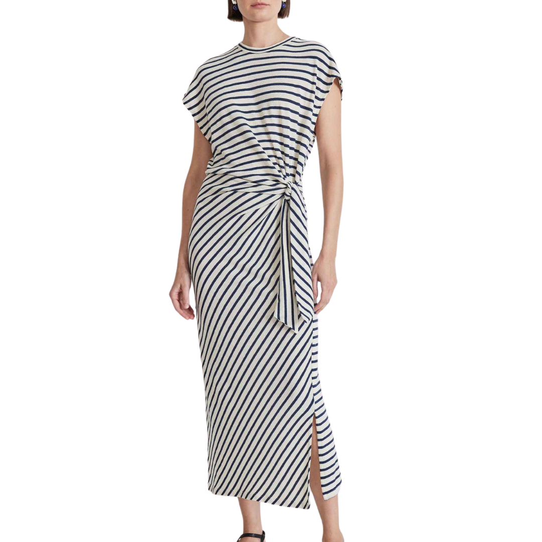 Vanina Cinched Waist Dress in Navy Cream Stripe