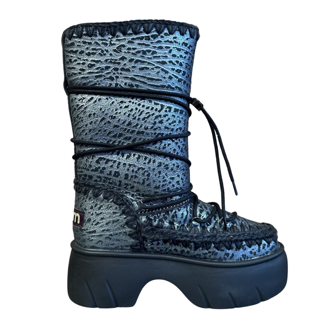 Mou Eskimo Snow Boot Twist Tall in Metal Print Silver on Black