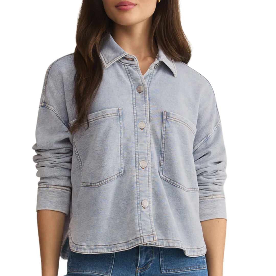 All Day Cropped Knit Denim Jacket in Washed Indigo