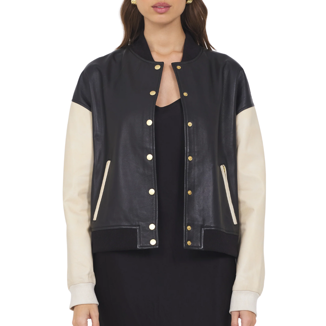 Mae Washed Leather Jacket in Black/Cream