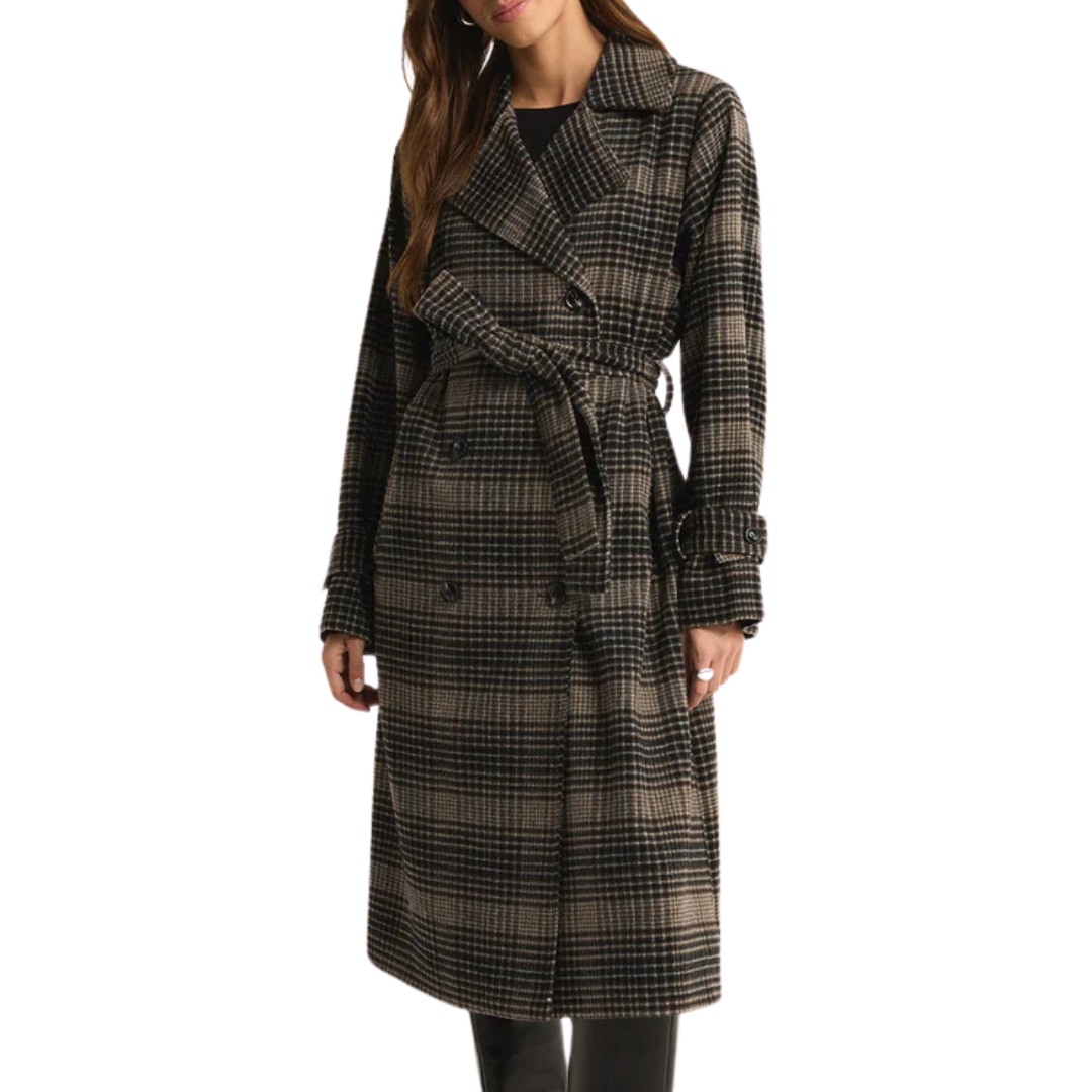 Jackie Plaid Trench in Latte