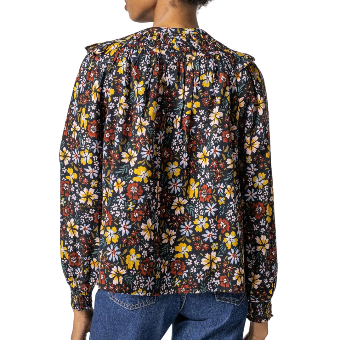 Smocked Cuff Top in Black Floral
