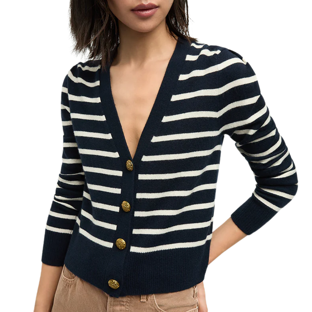 Solene Cashmere Striped Cardigan in Navy/Ivory