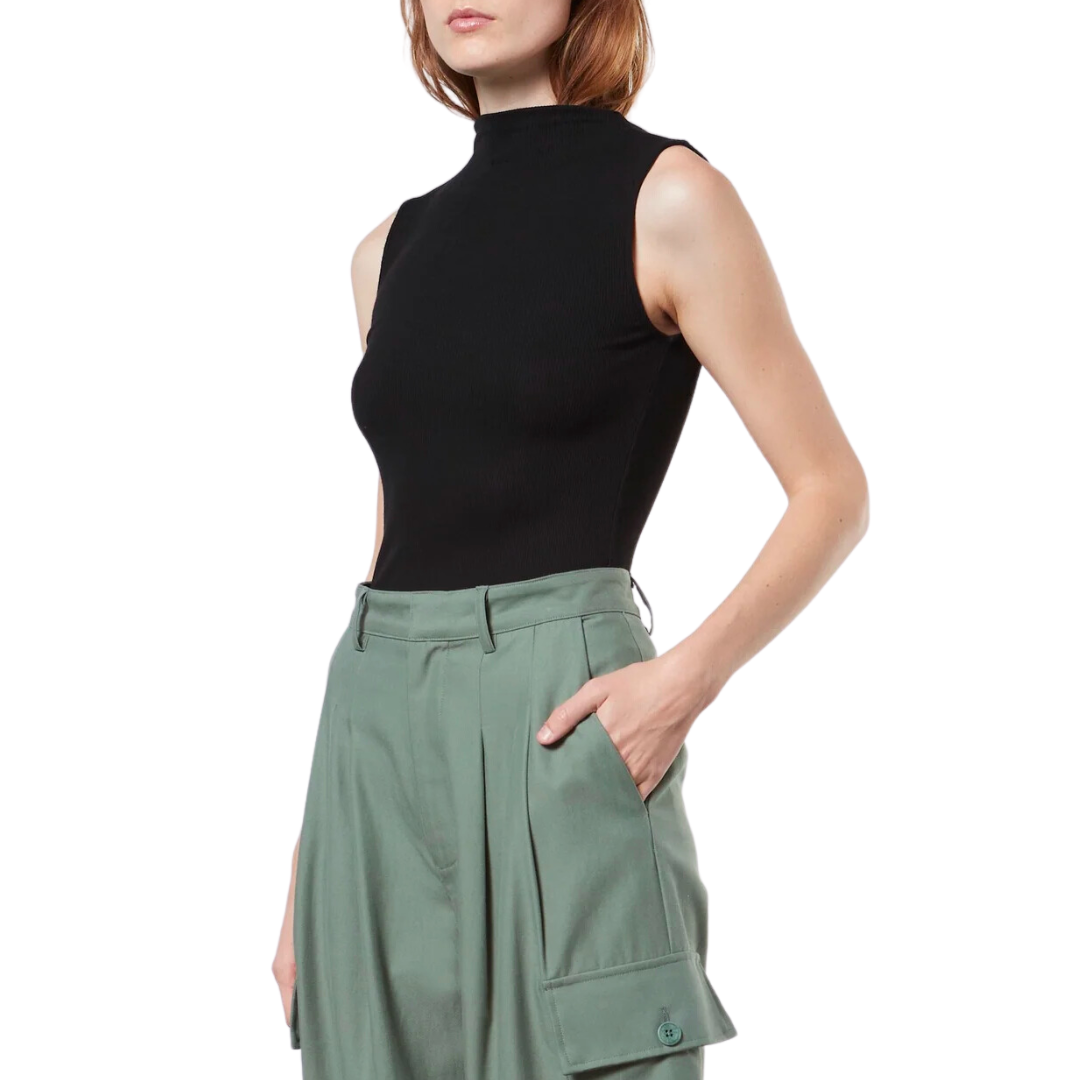 Silk Knit Sleeveless Mockneck in Black