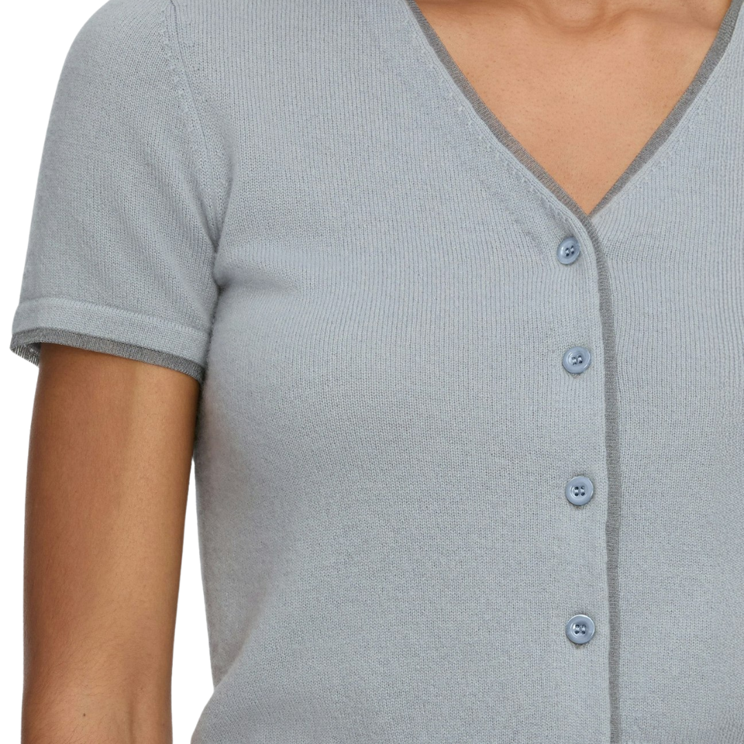 Cashmere Mix Trim Cardi in Grey Blue