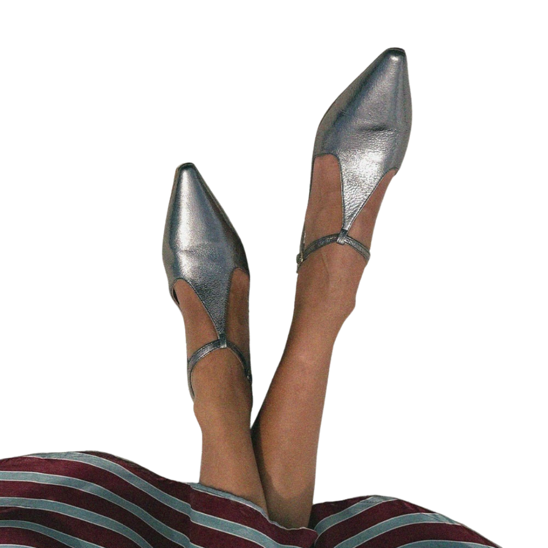 Celeste T-Strap Flat in Acero Crinkled Metallic Leather