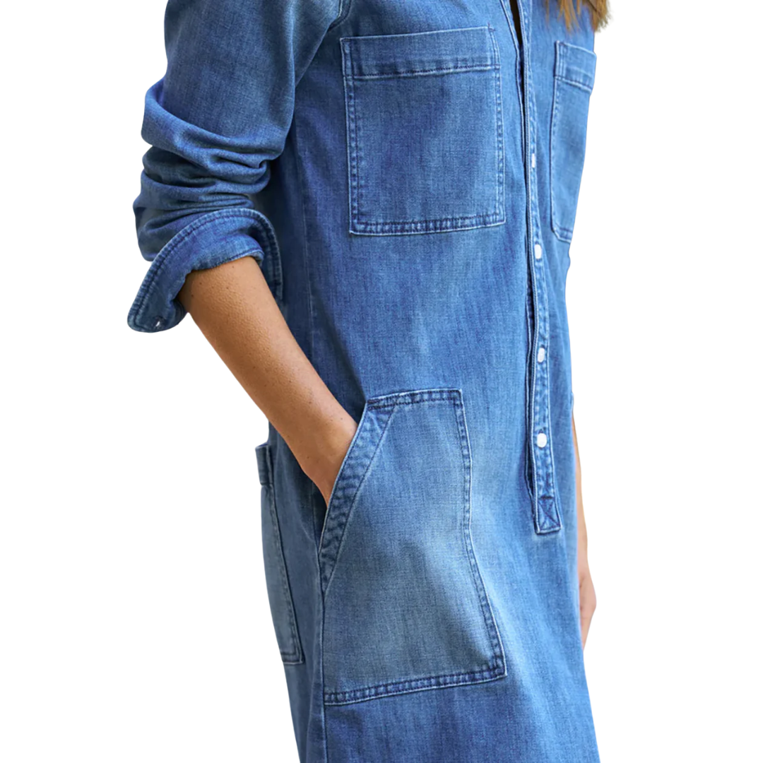 Long-Sleeve Playsuit Dress in 1968 Blue with Light Wash