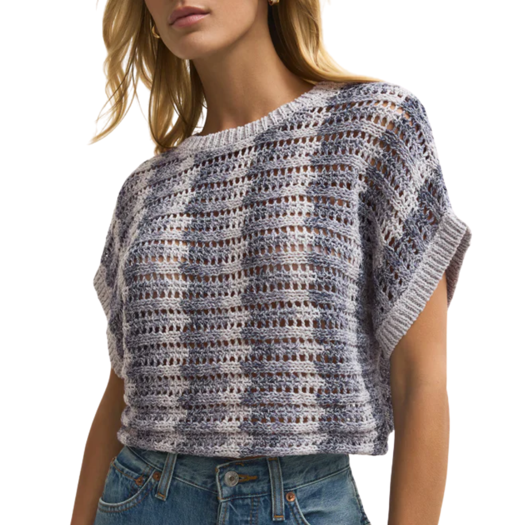 Ballast Crochet Stripe Sweater Top in Calypso Blue Indigo