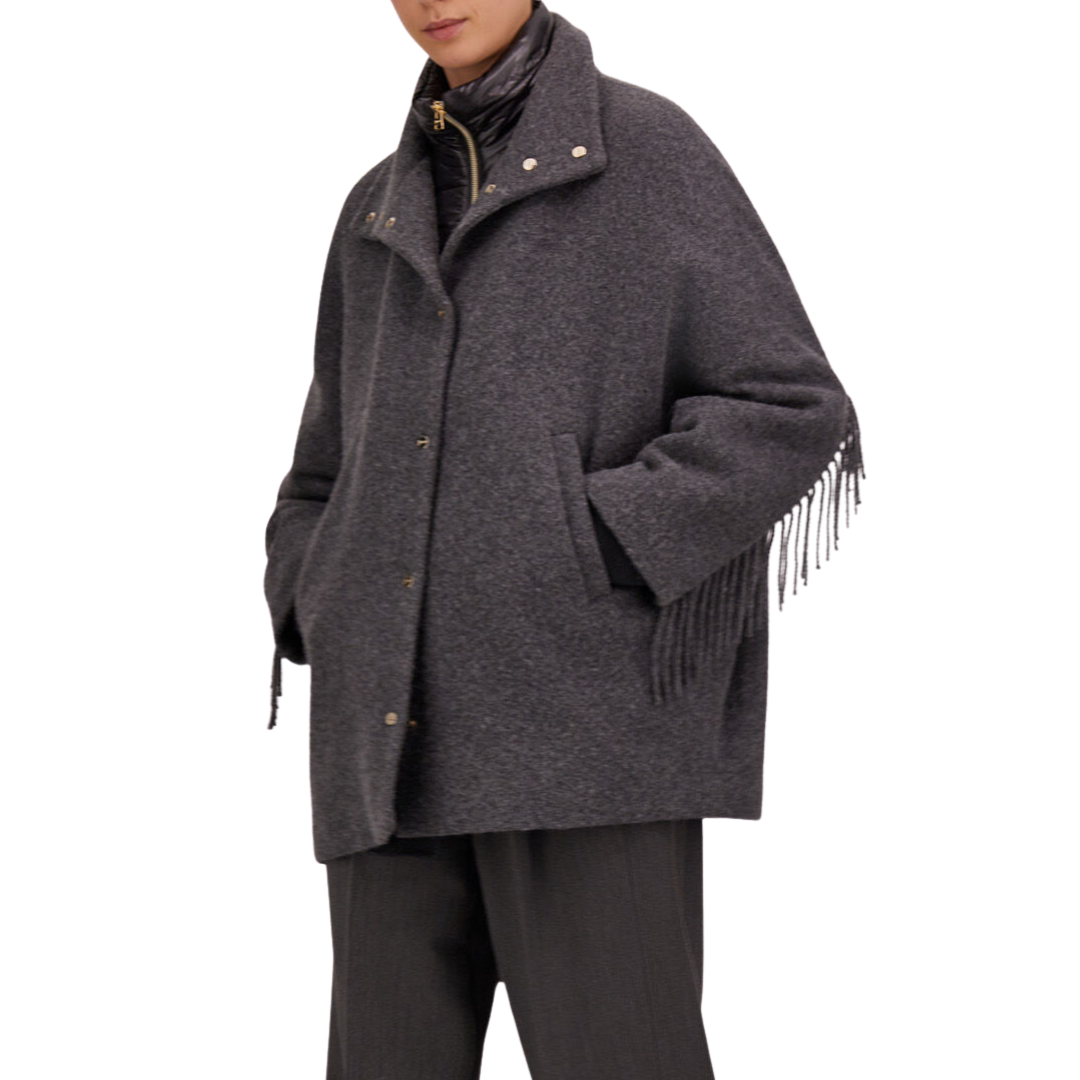 Alpaca Jacket with Fringing and Nylon Ultralight in Iron