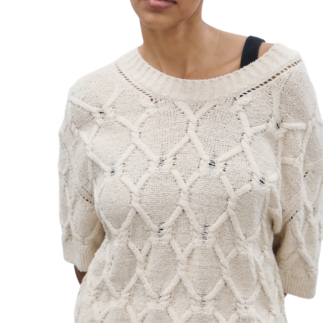 Short-Sleeved Knitted Jumper in Dune Beige