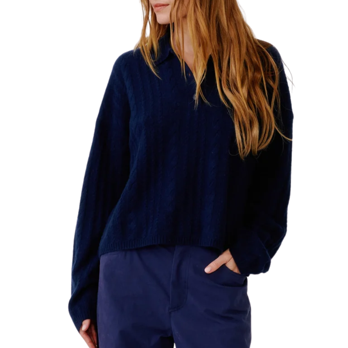 Elsie Relaxed Long Sleeve Cashmere Polo Sweater in Midnight Navy