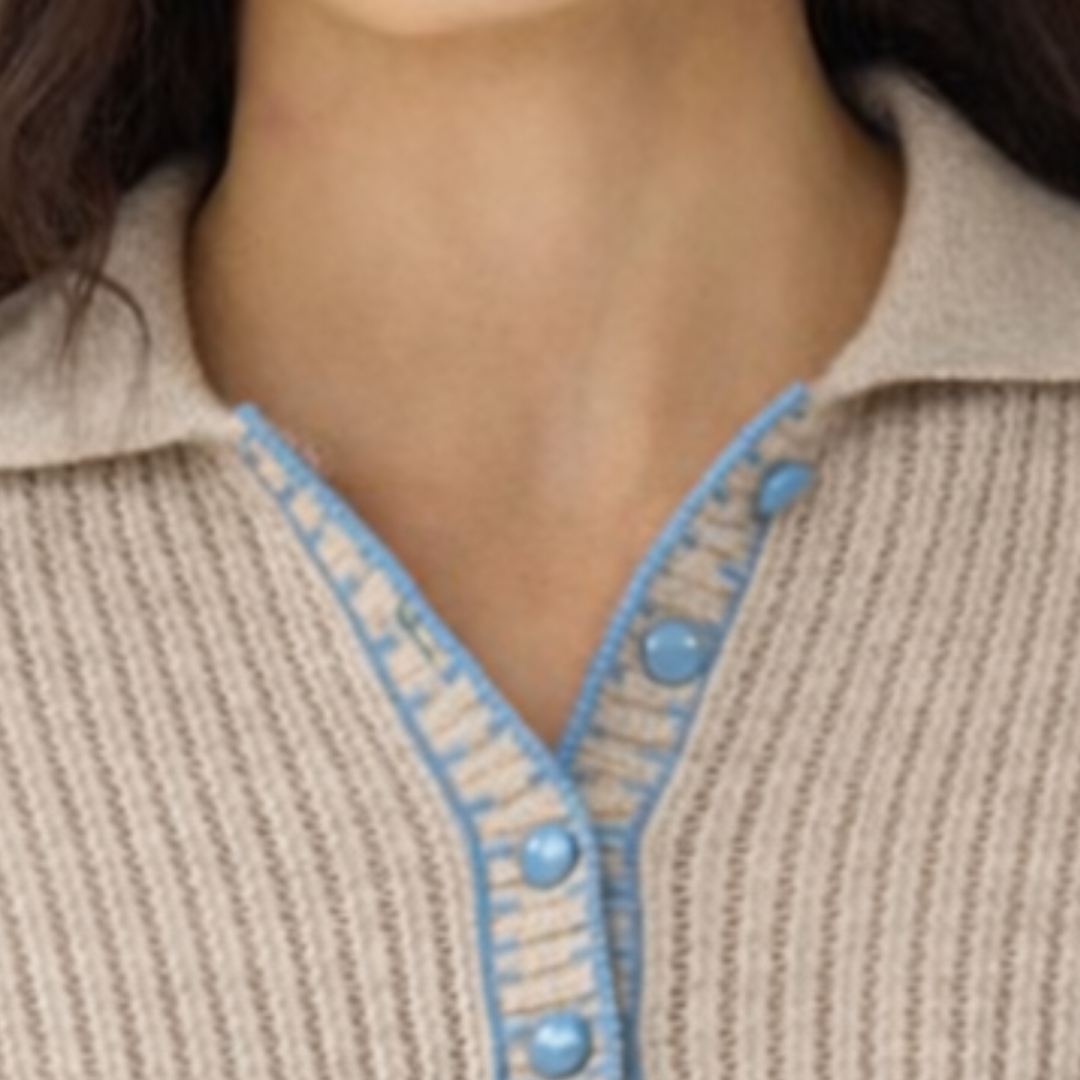 Ladder Stitch Polo With Blanket Stitch Detail in Basket/Wedgewood