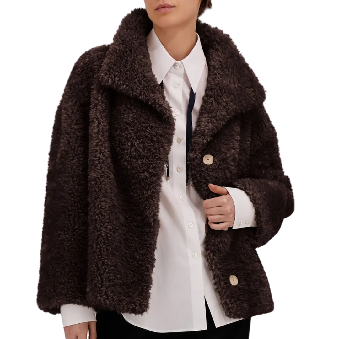 Curly-Effect Fur-Touch Short Jacket in Dark Brown