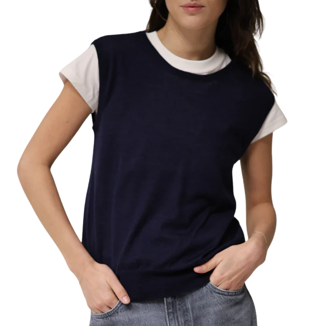 Extrafine Merino Silk Knit Sleeveless Crewneck in Marine