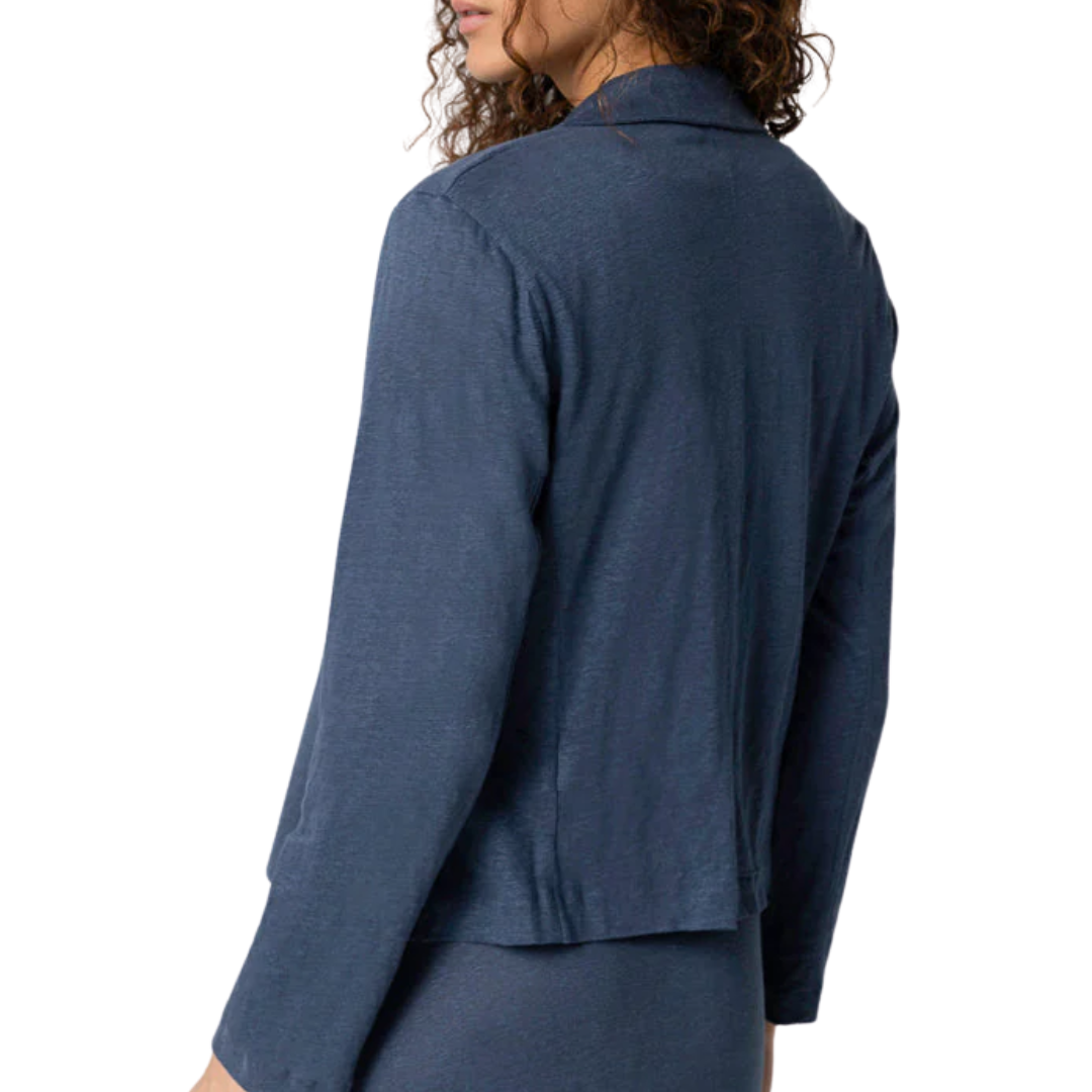Stretch Linen Three Button Blazer in Bleu de Nimes