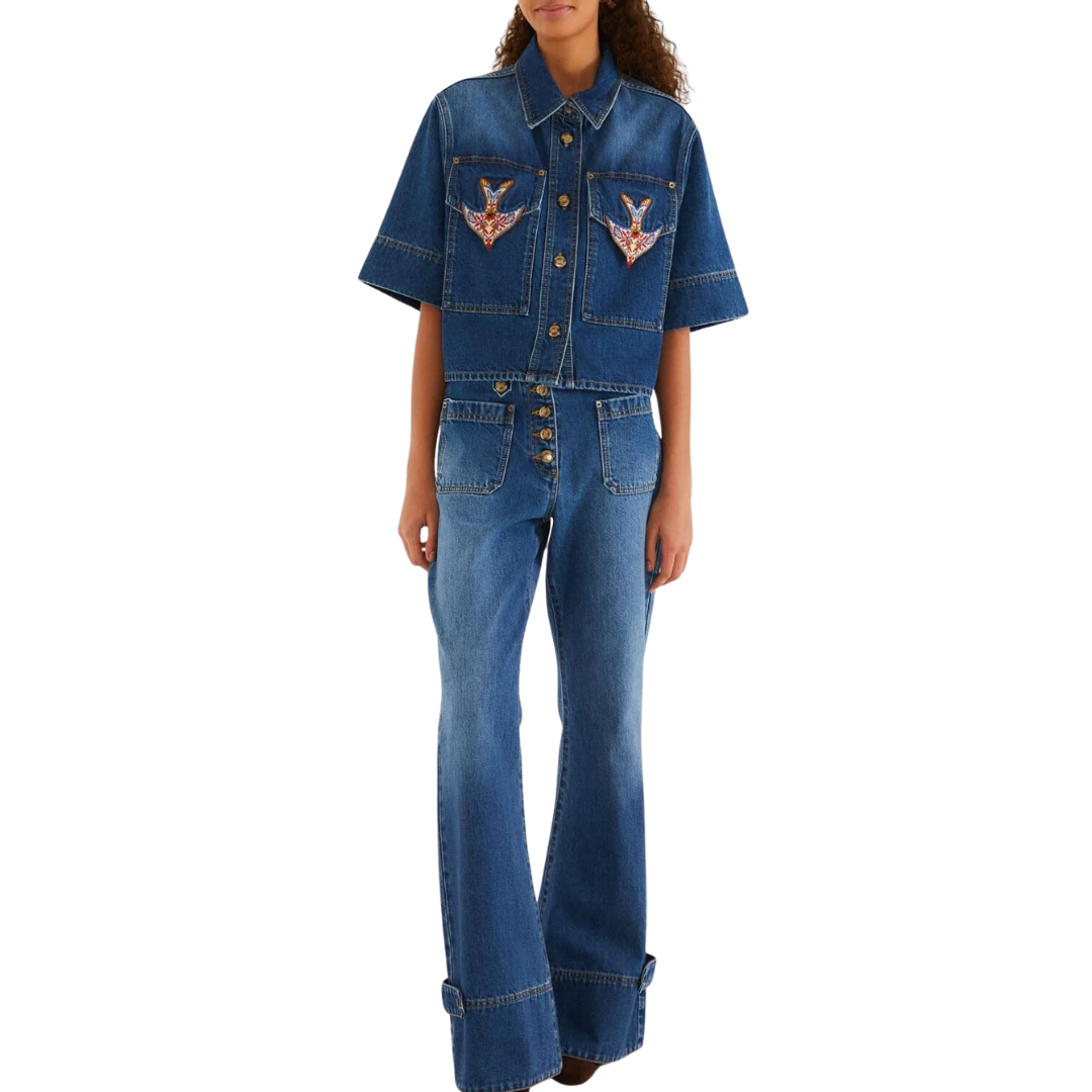 Porcelain Birds Embroidered Shirt in Denim