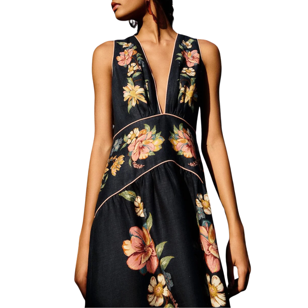 Maira Floral Midi Dress in Dark Blue