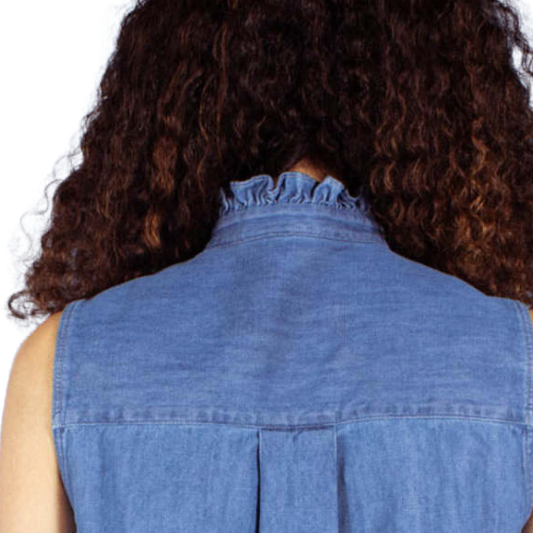 Sleeveless Ruffle Collar Button Up in Vintage Stonewashed Indigo
