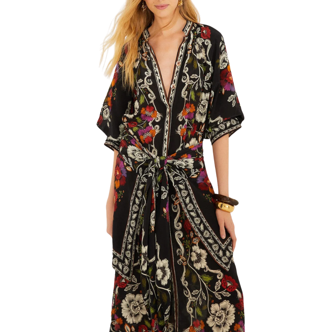 Belted Midi Dress in Black Rococo Flowers