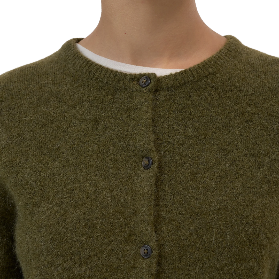 Crew Neck Cardigan in Deep Olive