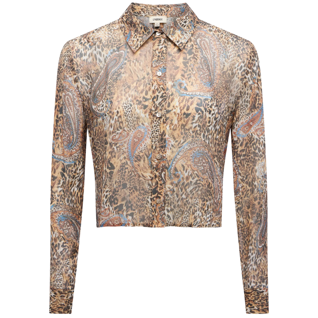Cosette Button-Down Shirt in Brown/Blue Valencia Leopard