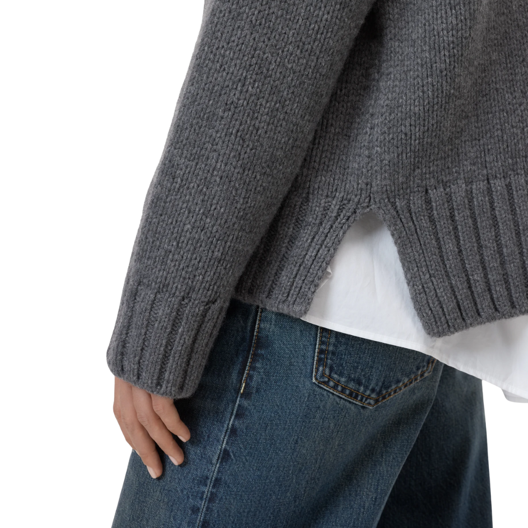 Pure Wool Roll Neck Pullover in Dark Grey Melange