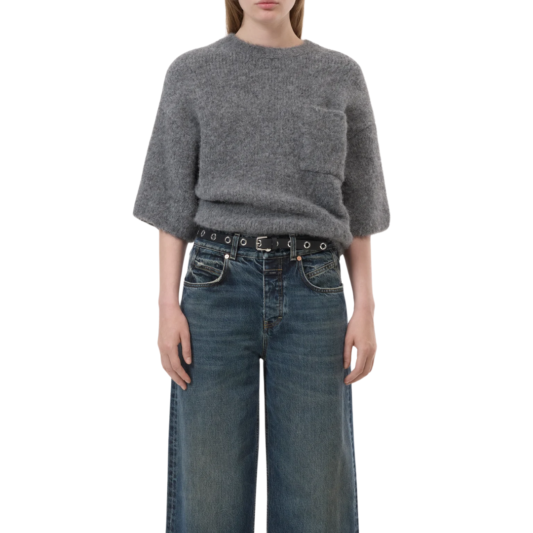 Short-Sleeve Alpaca-Mix Knit in Dark Grey Melange