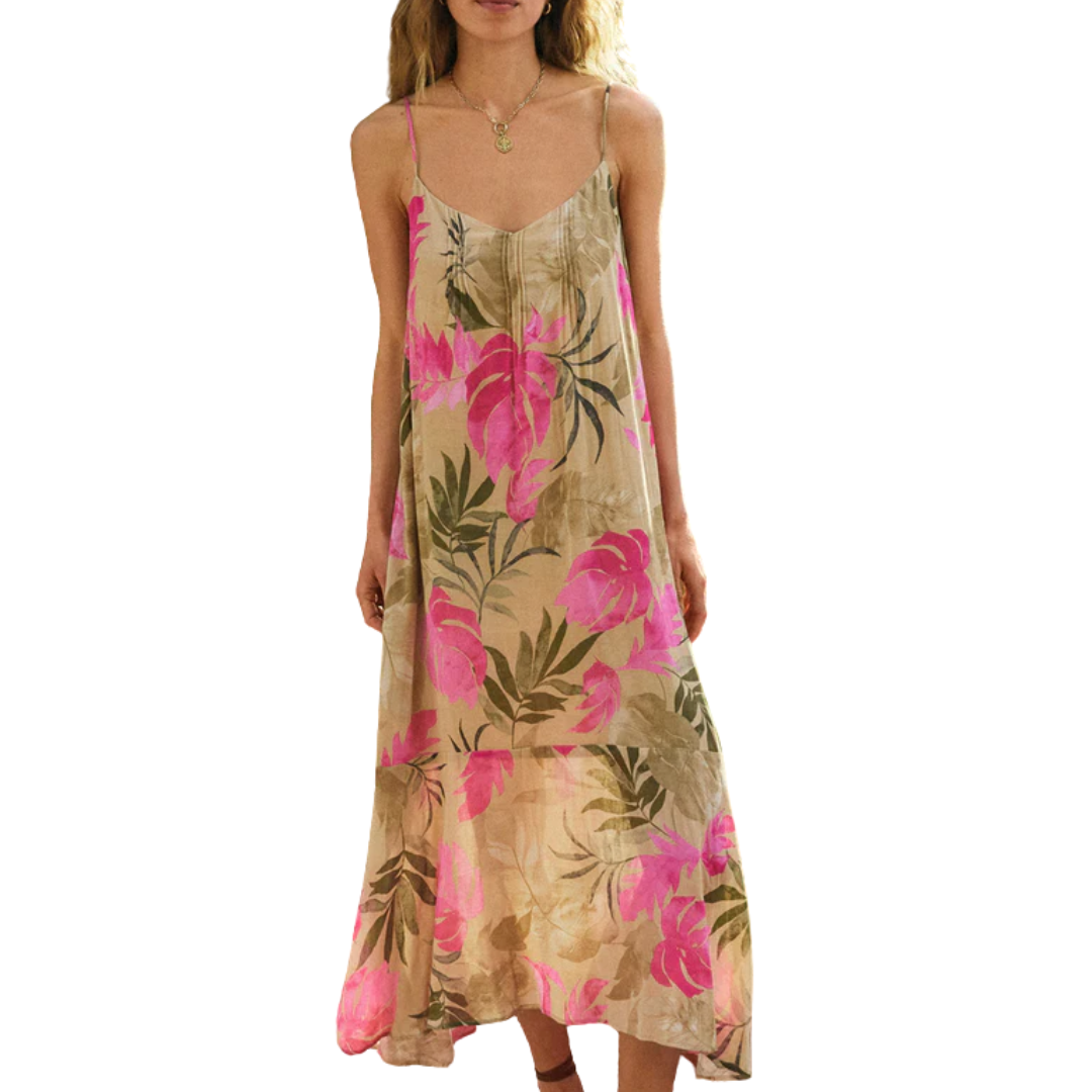 Benson Tropical Midi Dress in Desert Tan