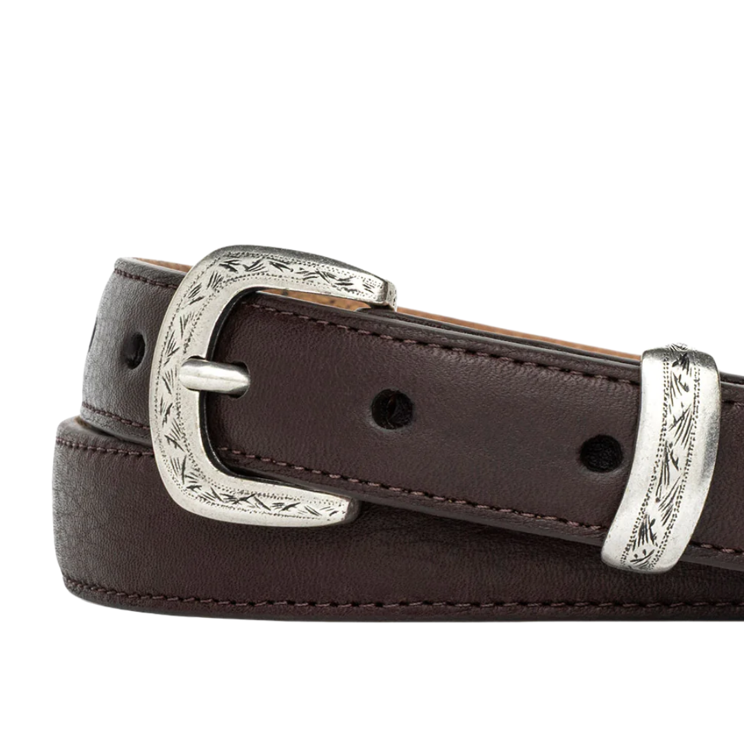 Dublin Calf Belt with Etched Antique Silver Tip in Chocolate