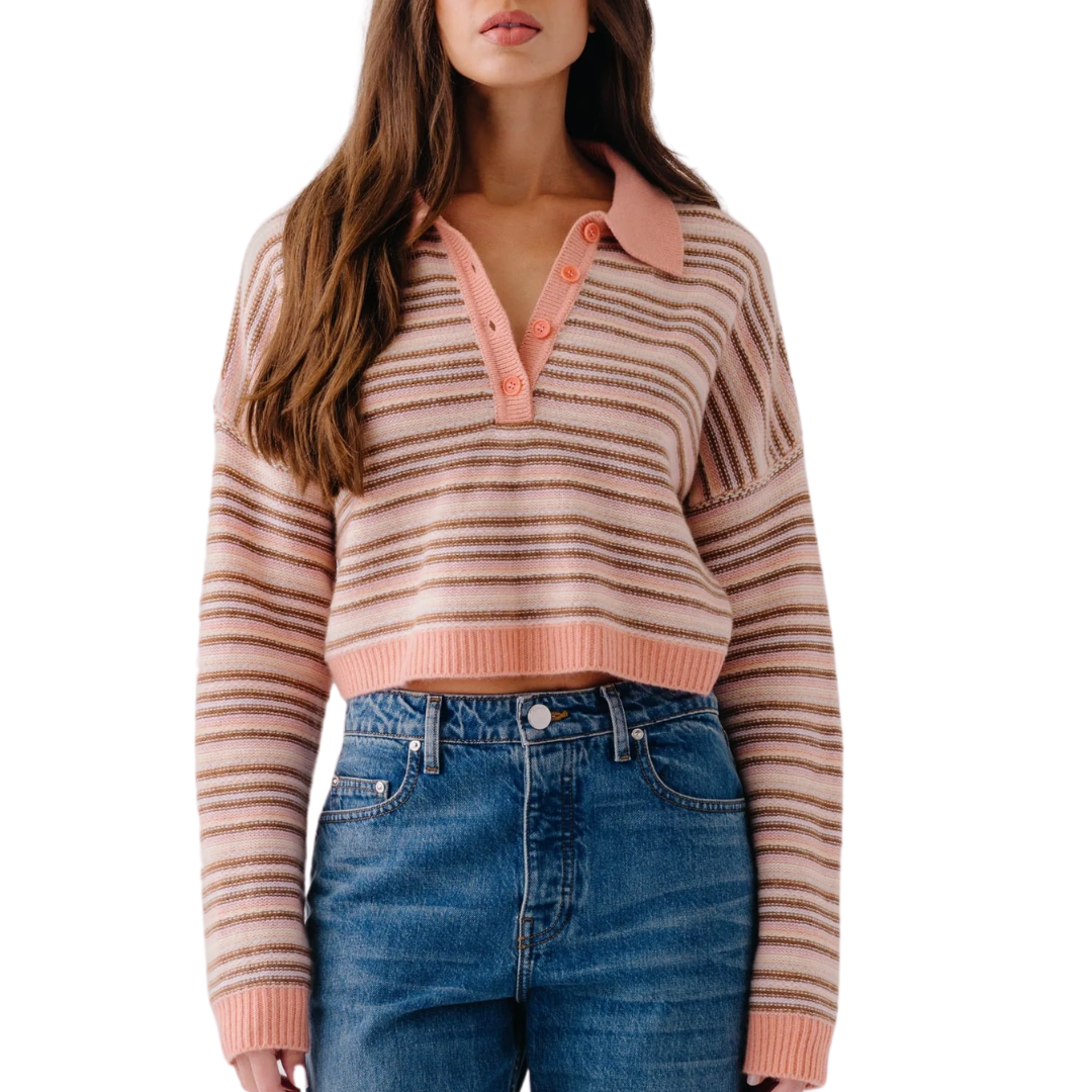 Maddie Cashmere Cropped Stripe Polo in Melon