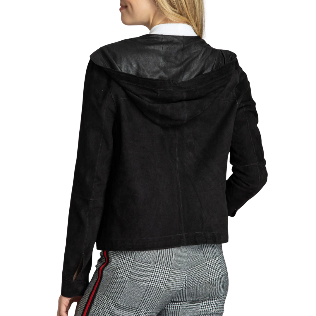 Double Faced Snap Front Hooded Jacket in Black