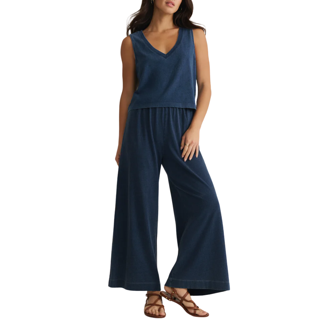 Sloane V-Neck Jersey Denim Top in Indigo