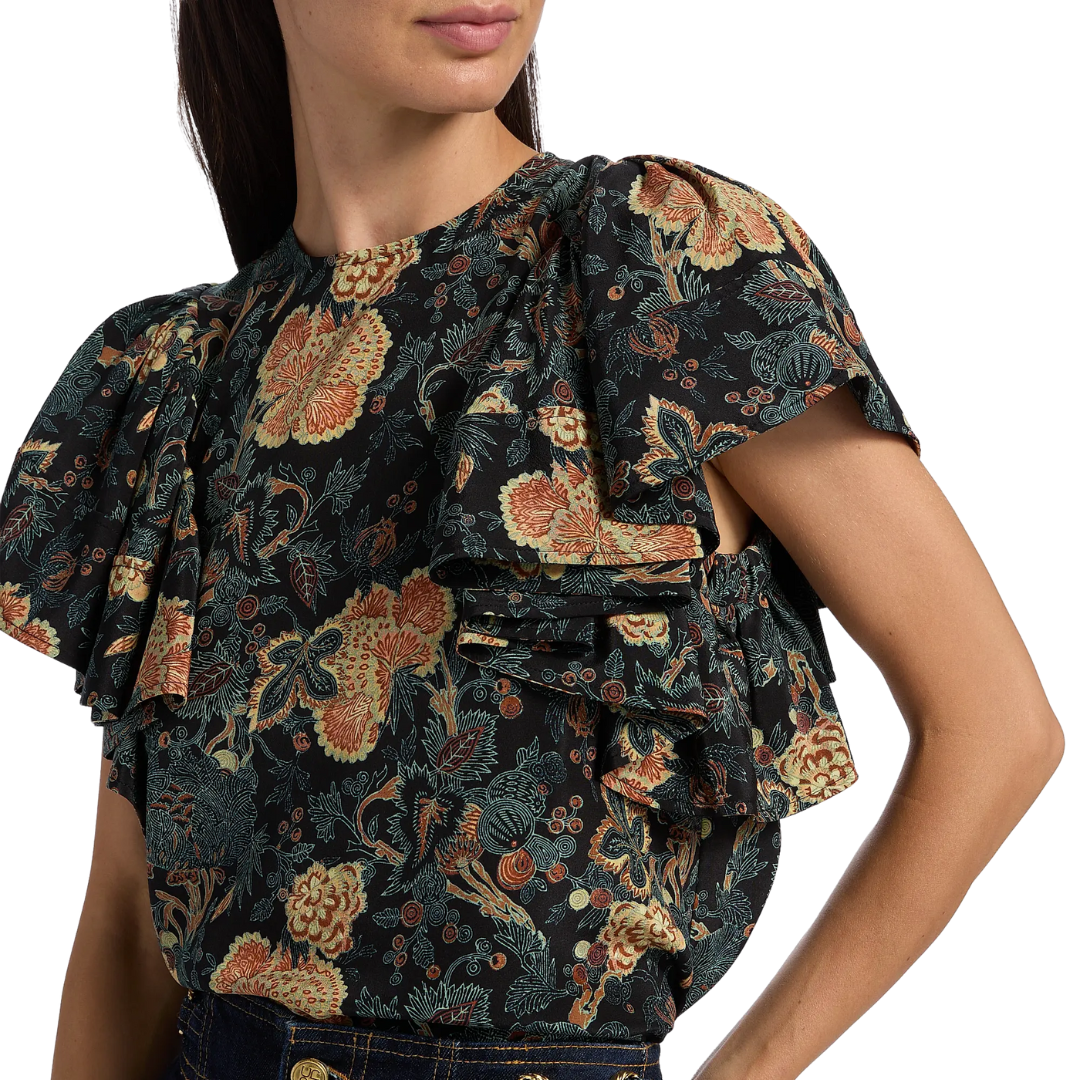 Lena Silk Flutter Sleeve Blouse in Nuit