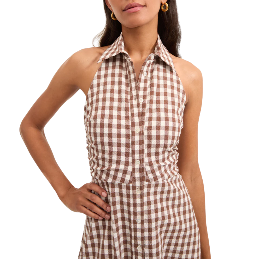 Mackey Gingham Seersucker Halter Dress in Light Chicory/Dove