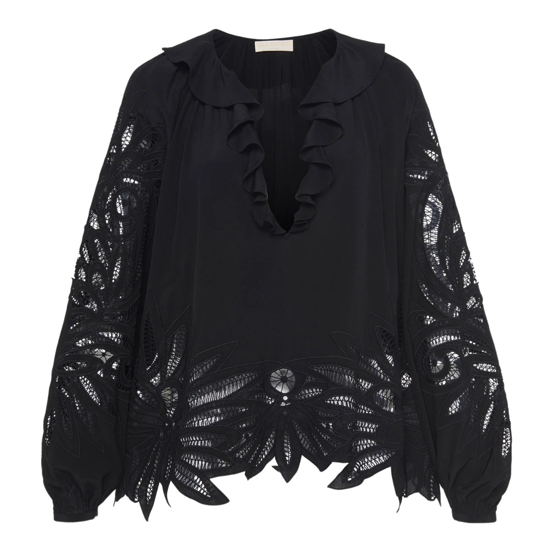 Adonis Silk Applique Blouse in Noir