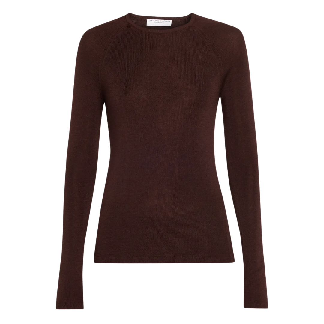 Merino Silk Micro Rib Crewneck in Chocolate