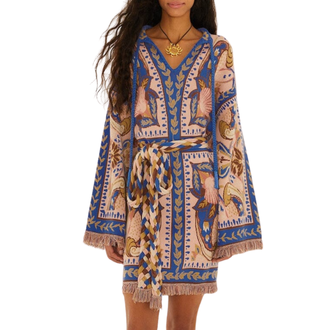 Scarf Tassels Knit Mini Dress in Blue Sea Garden