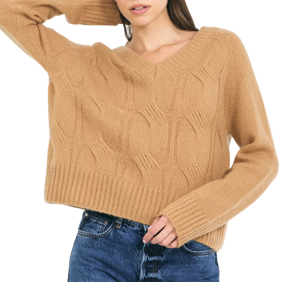 Mabel Cable V Neck Pullover in Chestnut