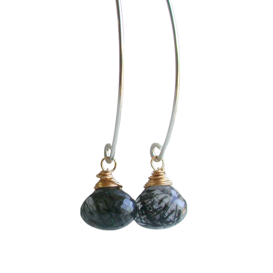 Black Rutilated Onion Drop Threaders in Mixed Metal