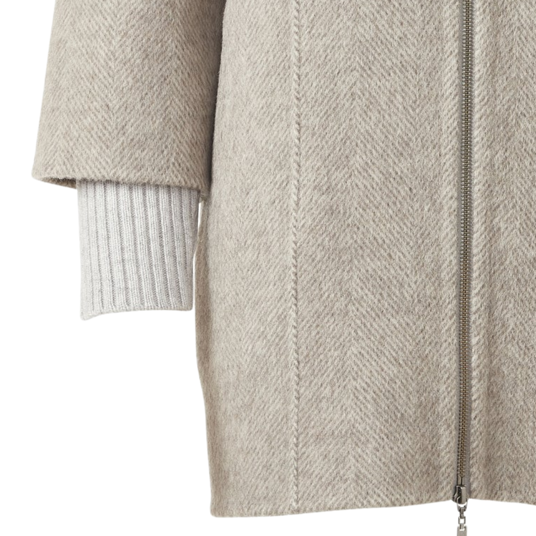 Brushed Herringbone Zip Mock Coat in Taupe Multi