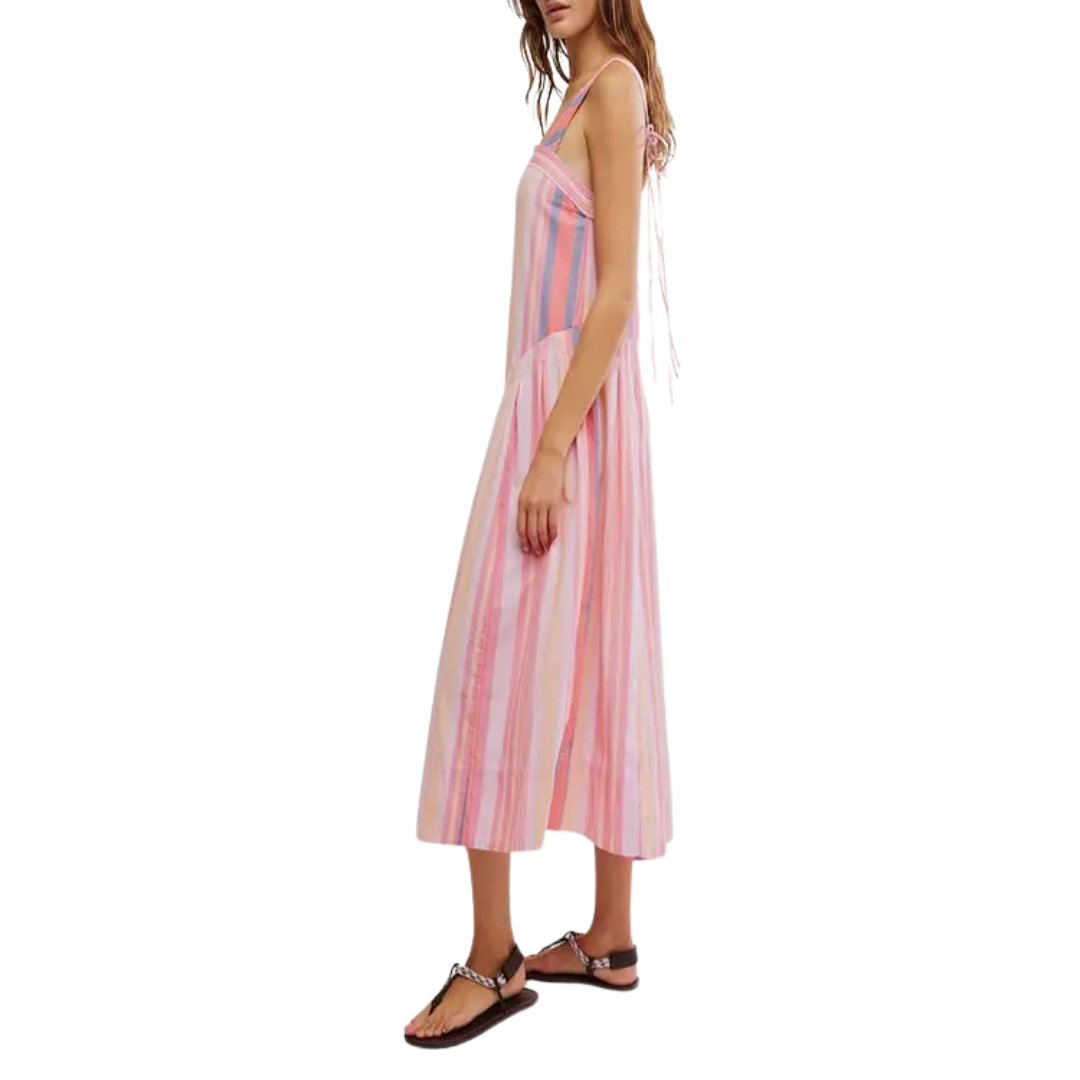 Primavera Striped Midi Dress in Strawberry Combo