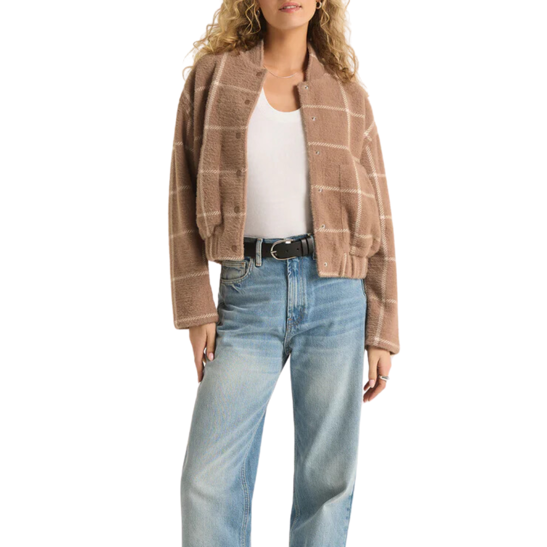 Lex Plaid Sweater Knit Bomber Jacket in Heather Taupe