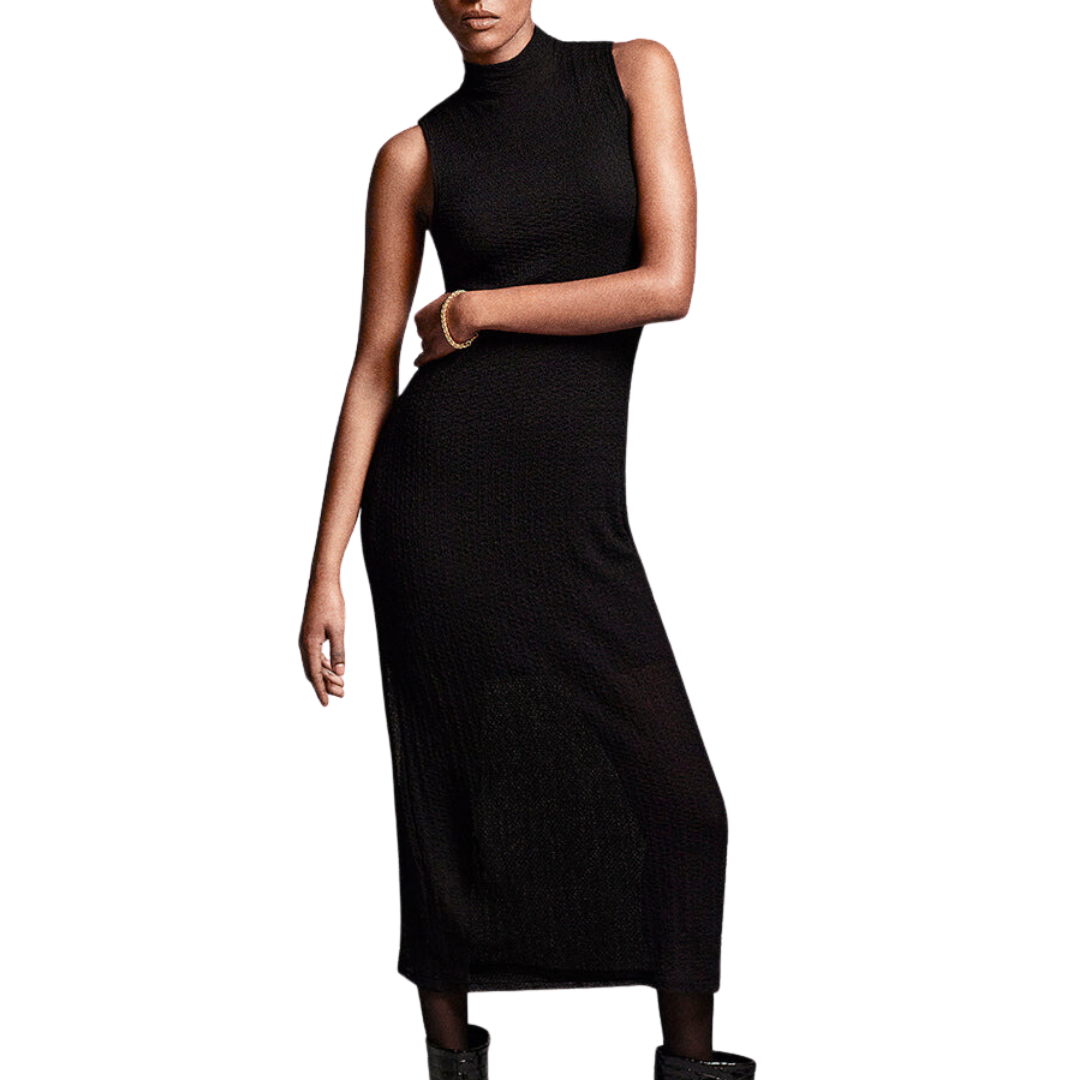 Sleeveless Mesh Mockneck Dress in Black