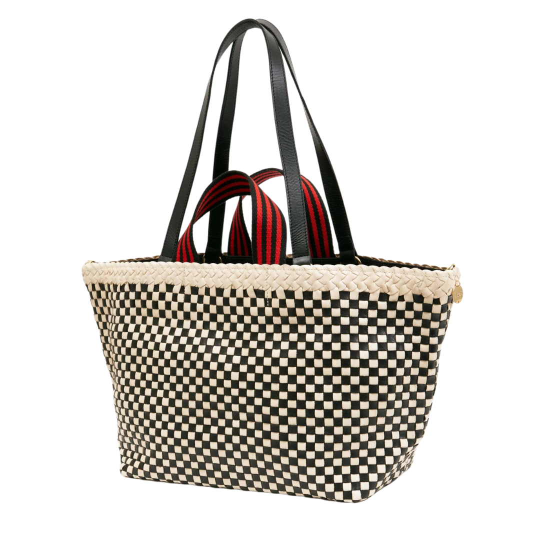 Bateau Tote in Cream & Black Border Woven Checker