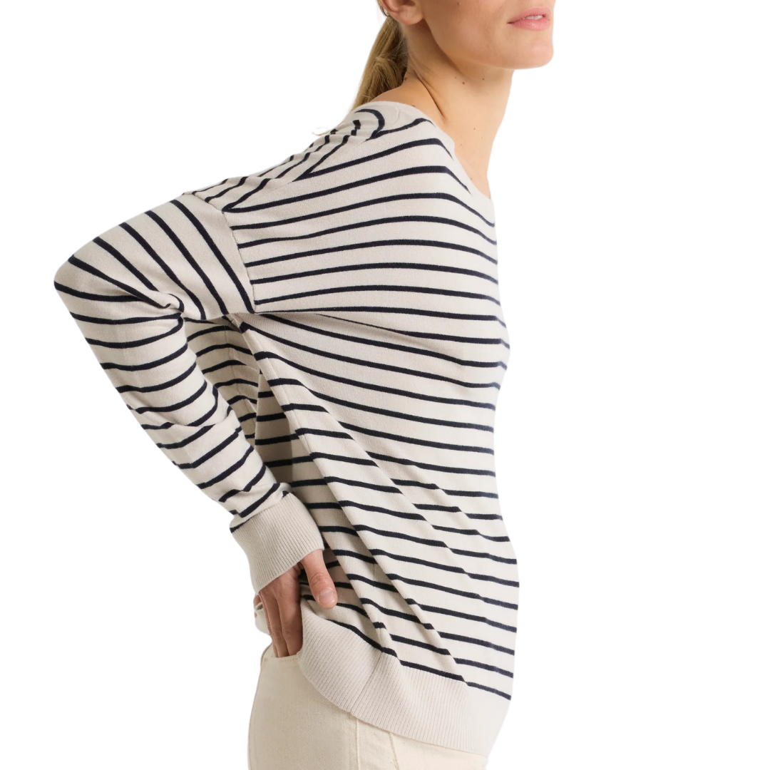 Organic Cotton Striped Boat Neck Long Sleeve Sweater in Chalk